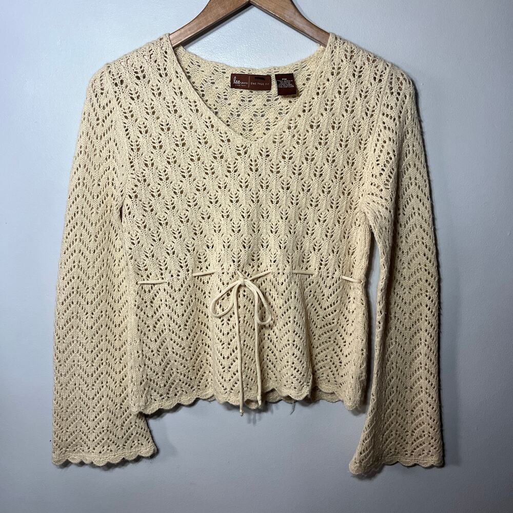 VTG 90s Lee Jeans Sweater Cream Acrylic Crocheted Boho Hippie Coquette Knit PM